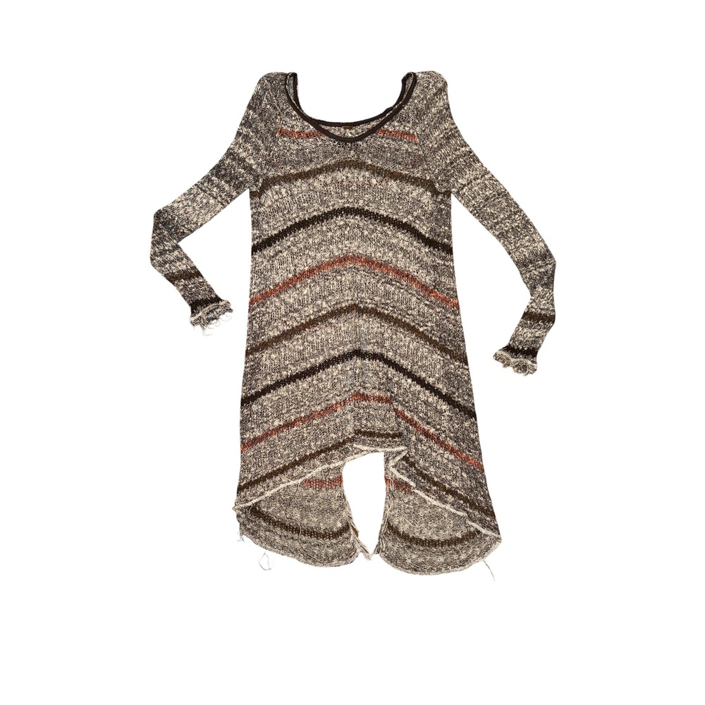 Free People Knit Tunic Women Medium Brown Striped High-Low Split Back Boho Dress